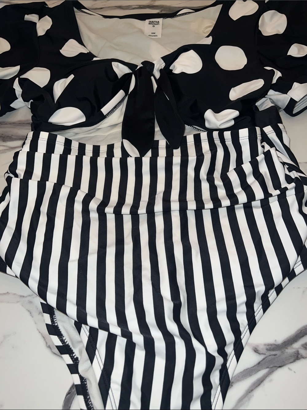 TABITHA BROWN Polka Dot & Stripe Black/White Tie-Front One-Piece Swimsuit - Picture 4 of 9